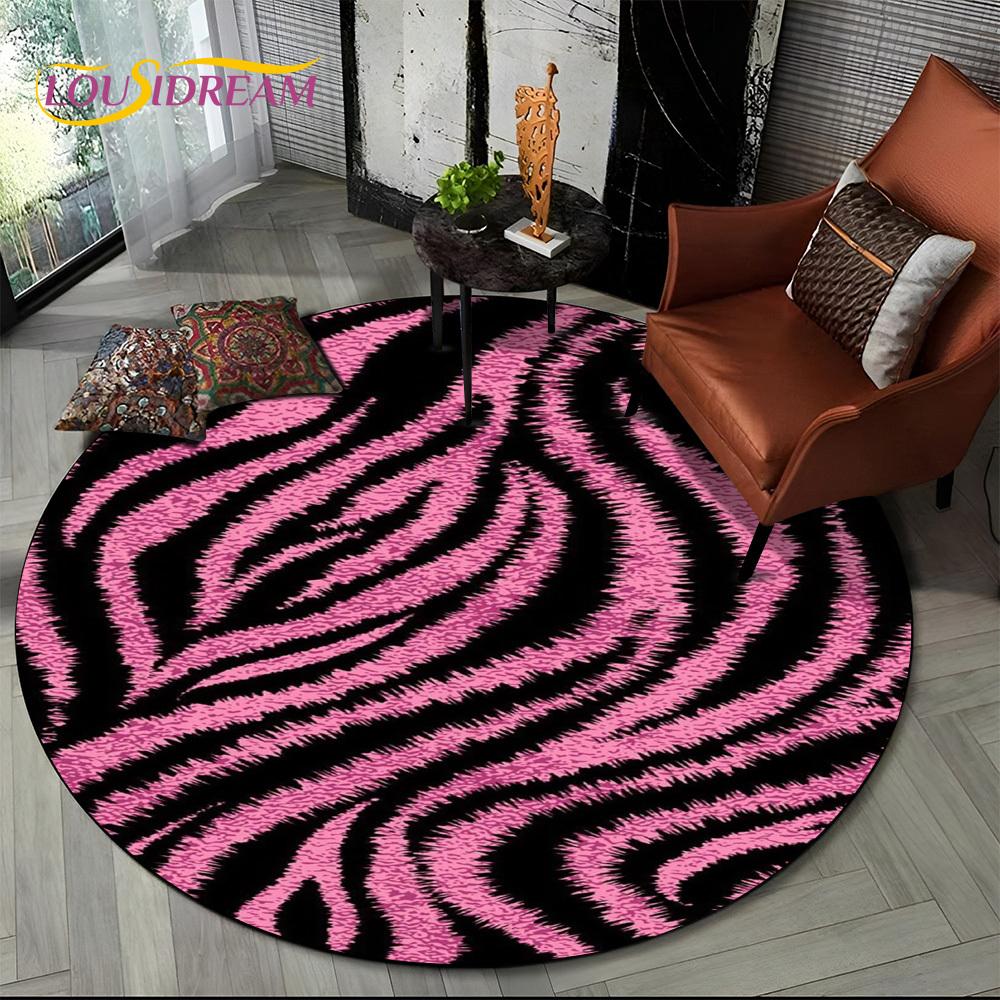 3D Barevný Pruhovaný Vzor Zebra Kulatý Koberec pro Obývací Pokoj, Ložnici, Dětský Herní Koutek Dekor, Protiskluzová Podložka do Zóny pro Domácí Mazlíčky