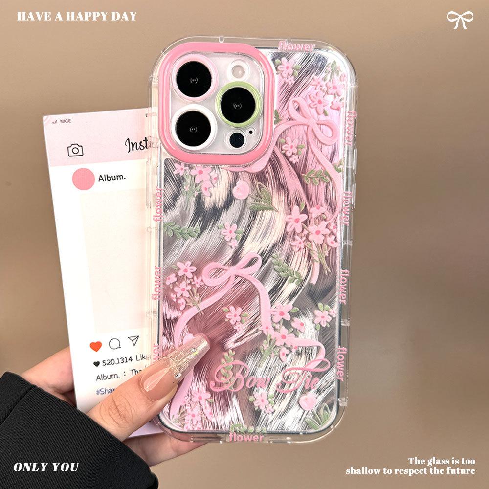 New Model Suitable for Iphone16promax Fine Hole Round Edge Feather Yarn Protective Case Apple 15 Bow 14 Mobile Phone Case