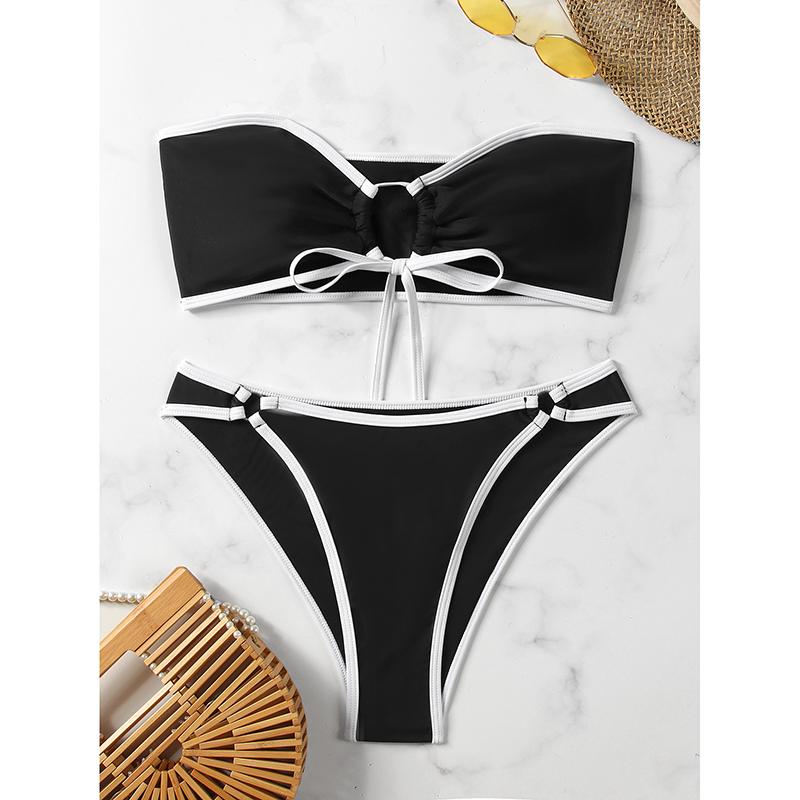 Sexy Two-Piece Swimsuit Pure Color Simple Style Women's Fashionable Hollow Out Bikini Sensual Strapless Swimwear for Swimming