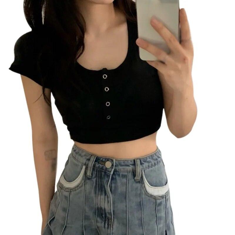 

Летняя тонкая короткая футболка с круглым вырезом и высокой талией, тонкая, аккуратная, с открытыми плечами, с короткими рукавами, женский топ M