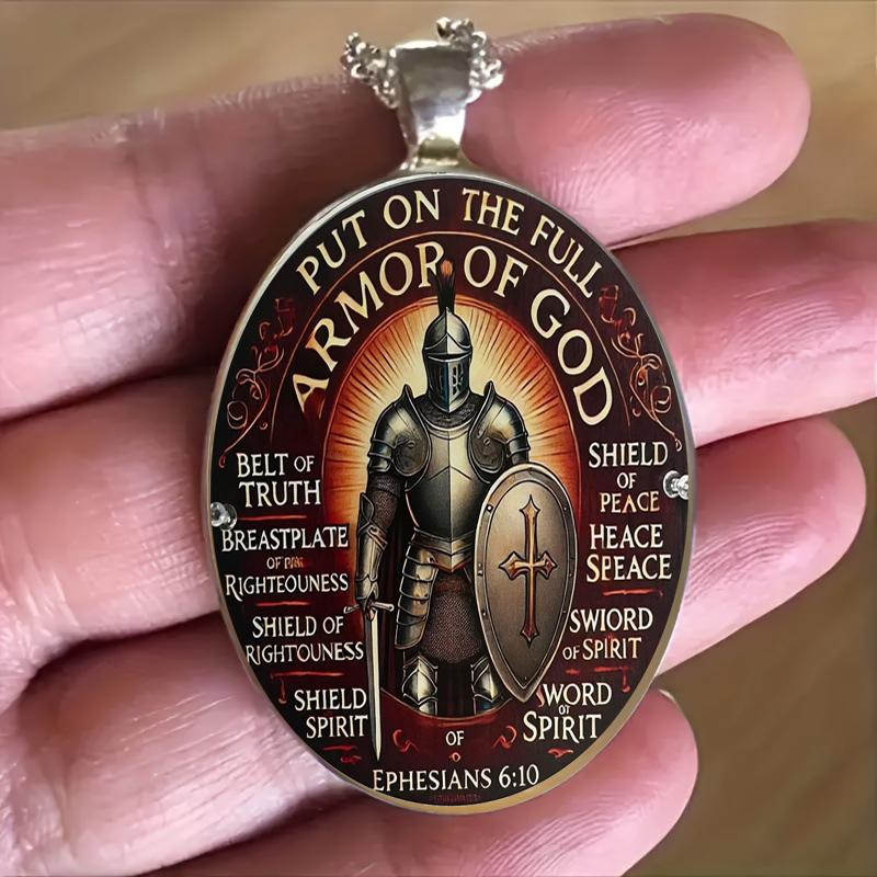 A vintage Christian Ephesians 6:10 pendant necklace featuring God fully armed, made of time-worn gemstone glass, suitable for both men and women.