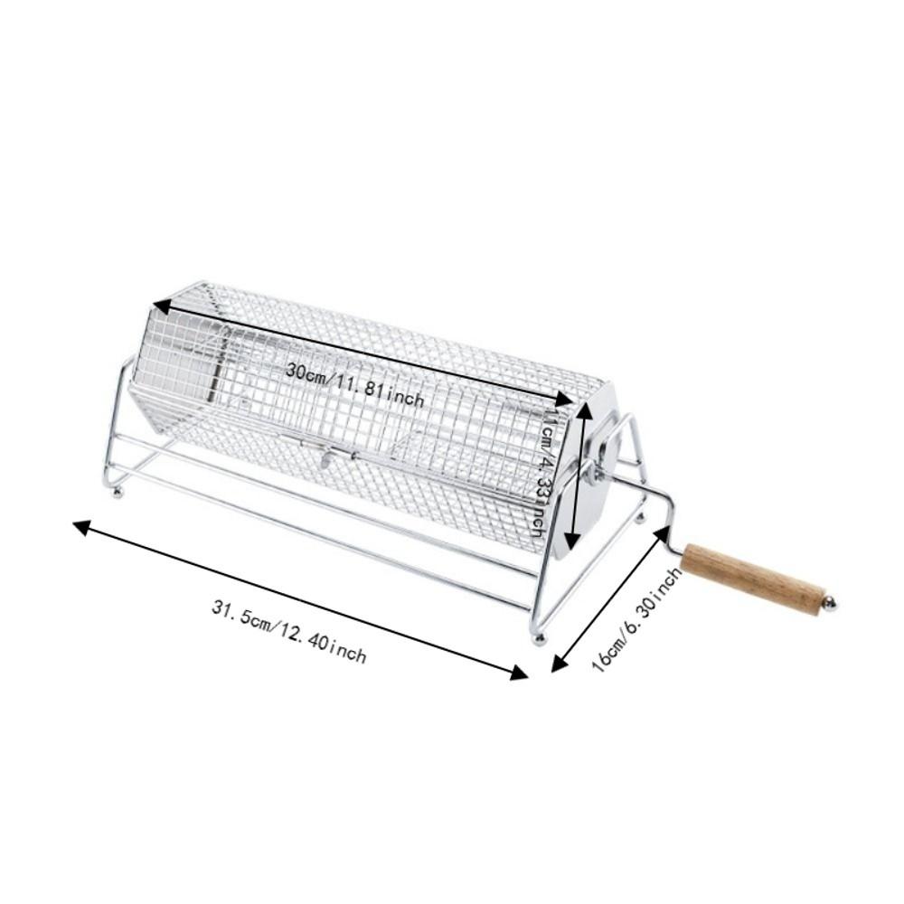 with Wood Handle Rolling BBQ Grill Mesh Basket Stainless Steel Grill Rotisserie Basket Picnic