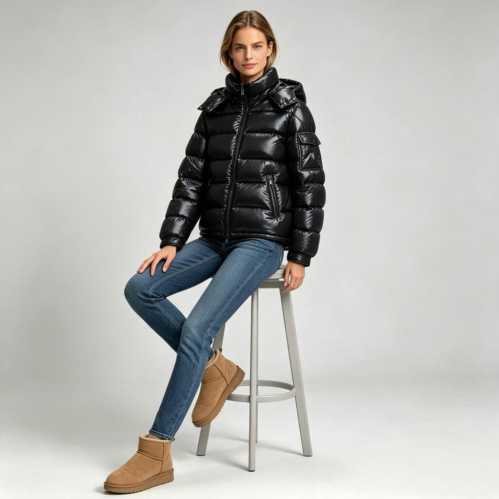 Mon Style Down Jacket Glossy Stand-Up Collar Windproof Men's and Women's Hooded