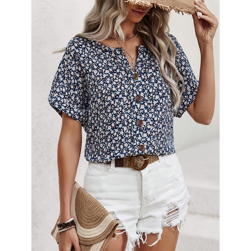 

Women s Floral V-Neck Short Sleeve Blouse with Button Details 5XL Темно-синій