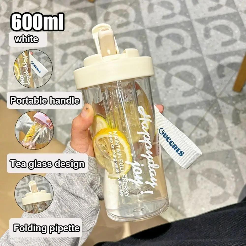 Portable Plastic Large Capacity Fruit Drink Bottles 600ml Water Bottle Transparent Folding Straw Water Bottle SummerWater Bottle