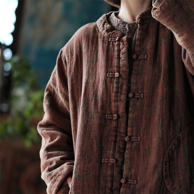 Retro Literary Chinese-Style Stand-Up Collar Frog Button Loose Cotton Coat for Women