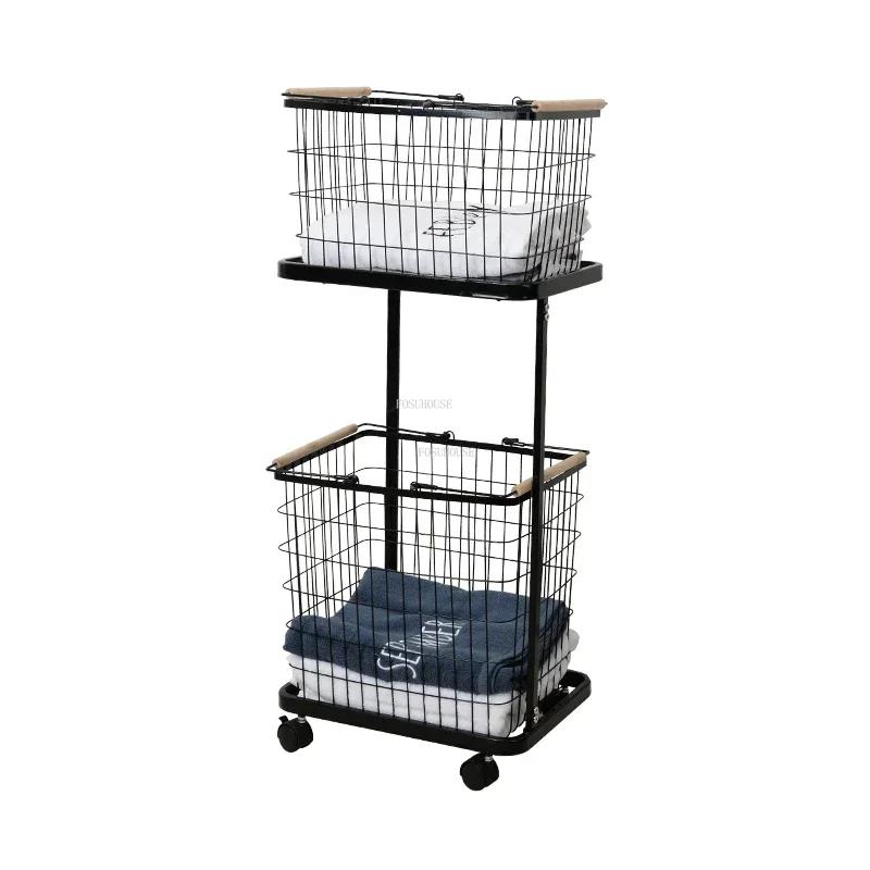 For Laundry Baskets Iron Dirty Clothes Basket with Wheels Change Clothes Basket Household Bathroom Double Layer Storage Shelf