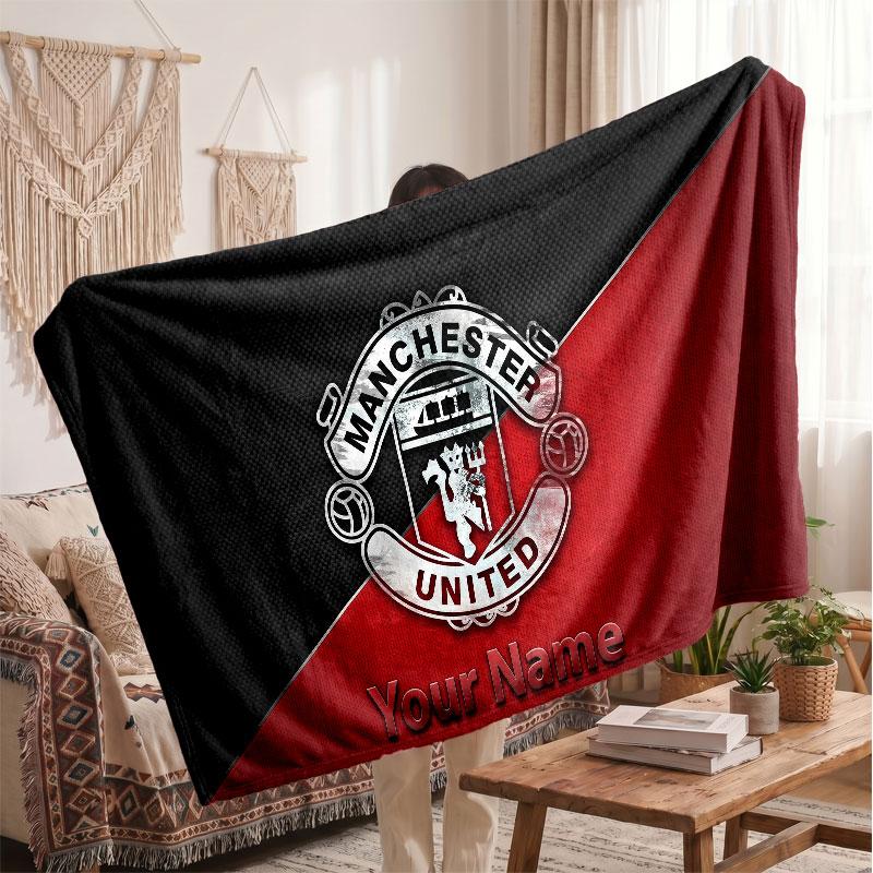 Manchester United Personalized Fleece Blanket With Football Logo, Custom Name Text Soft Warm Home Throw Blanket