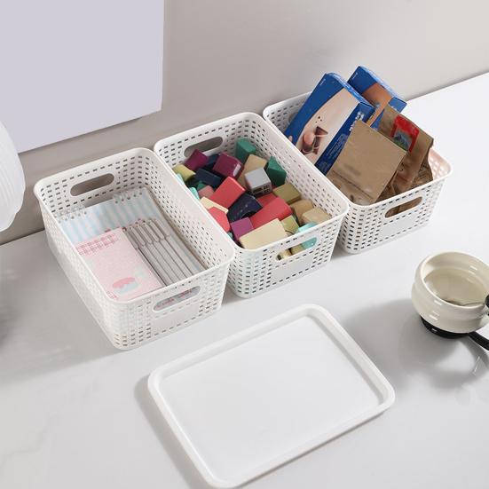 Aufbewahrungsbox mit Deckel, Imitations-Rattan-Geflecht, Schreibtisch-Organizer, Mehrzweck-Aufbewahrungskorb für Fernbedienungen, Kosmetikartikel und Snacks