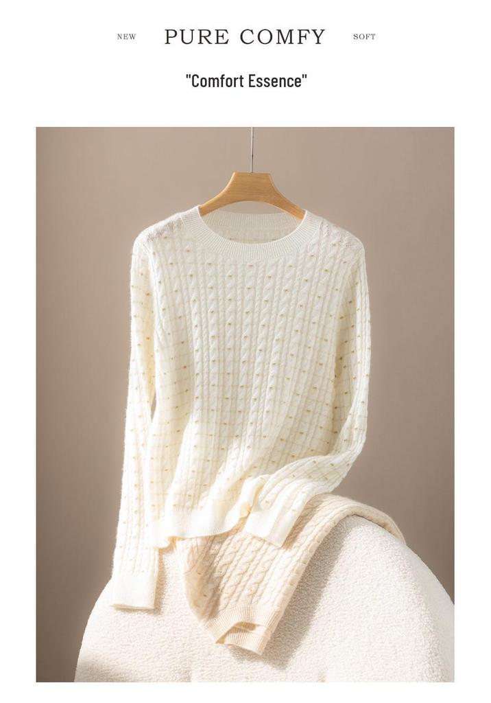 2025 Early Autumn Women's 100% Cashmere Polka Dot Cable Knit Round Neck Sweater