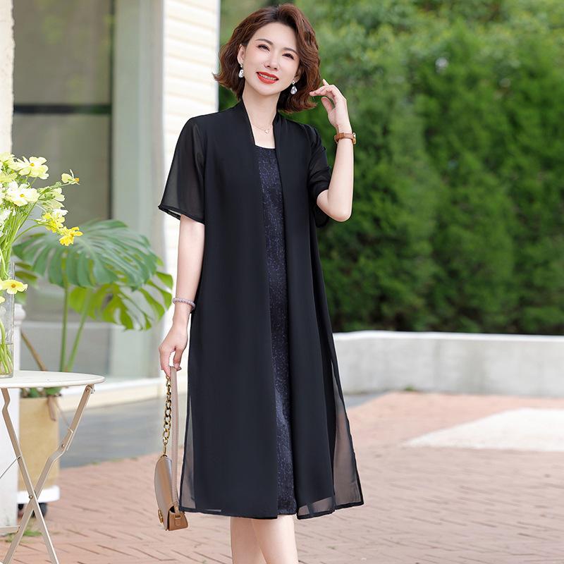 Summer Short Sleeve Two-Piece Slimming Dress for Middle-Aged and Elderly Women