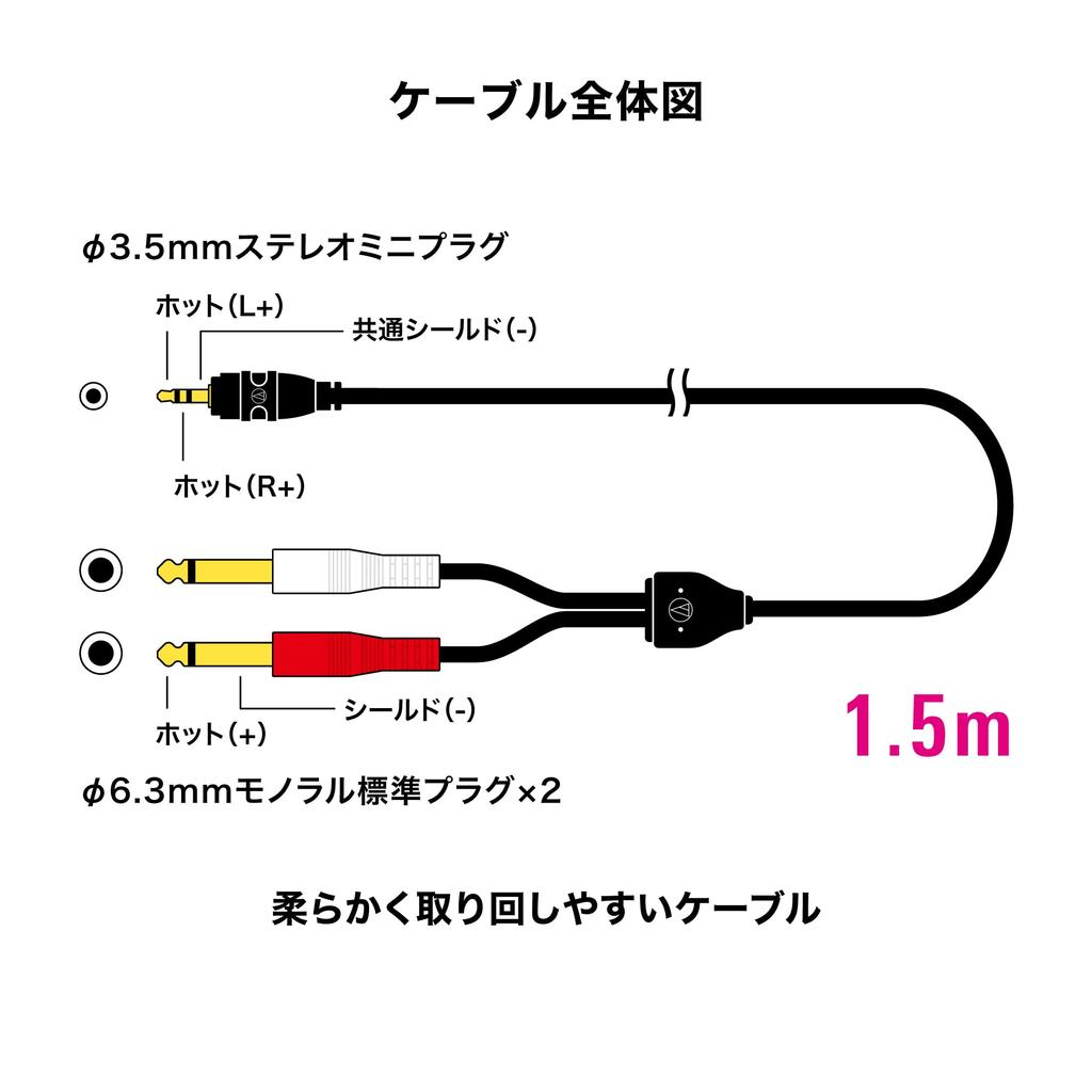 Audio-Technica Stereo Cable AT-MI62/1.5 3.5mm Stereo Mini Plug To 6.3mm Mono Standard Plug X2 1.5m AUX Audio Adapter