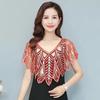 Tassel Patchwork V-Neck Cardigans Women Vintage Shawl Party Dinner Top Scarf Shawls Mesh Beaded Cloak Sequins Capelet Fringes