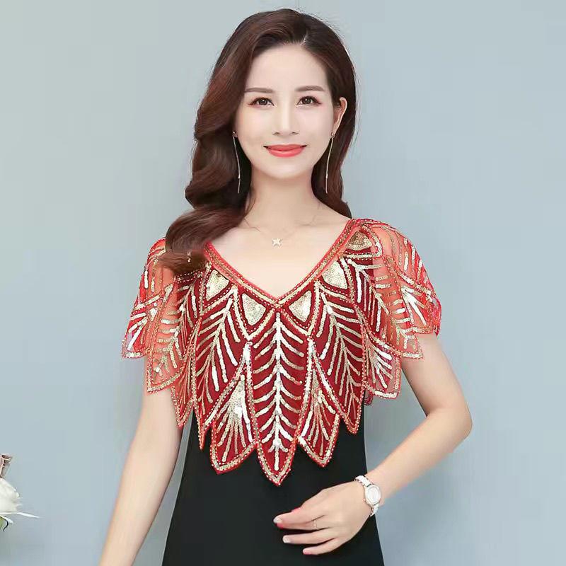 Tassel Patchwork V-Neck Cardigans Women Vintage Shawl Party Dinner Top Scarf Shawls Mesh Beaded Cloak Sequins Capelet Fringes