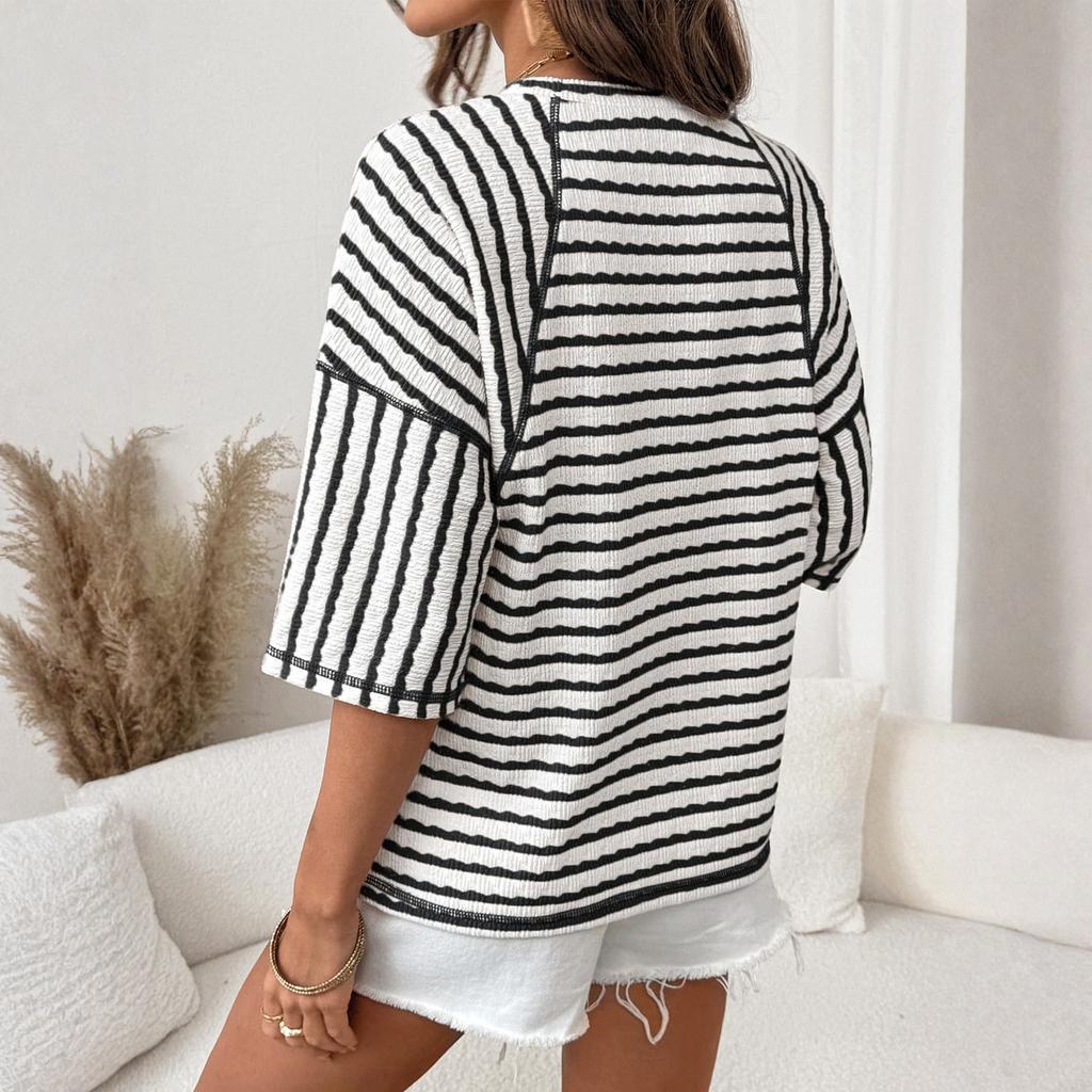 Women's Fashionable, Casual And Versatile Striped Mid-sleeve T-shirt Top
