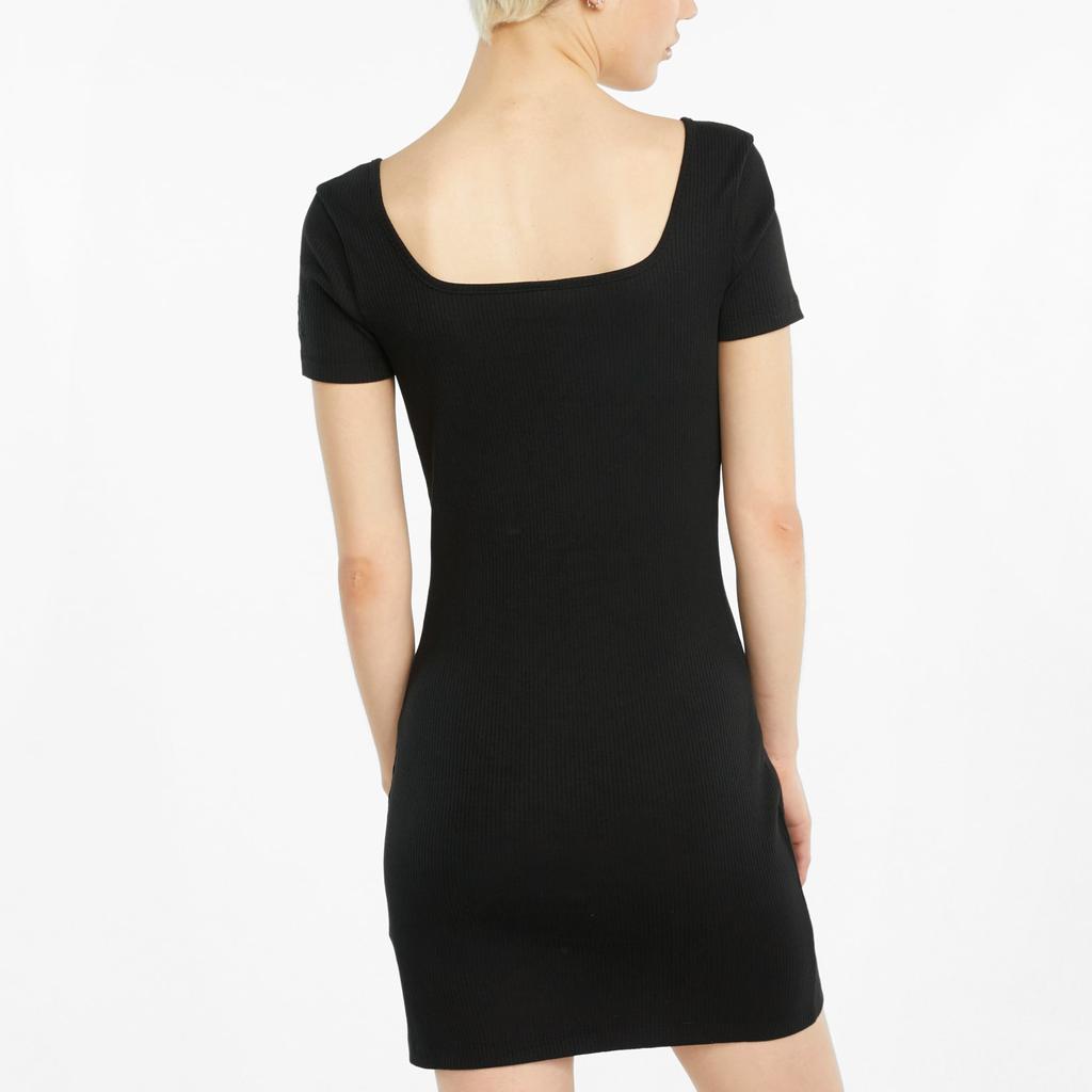 Puma Classics Logo Solid Color Casual Ribbed Pullover Comfortable Breathable Square Neck Short Sleeve Dress Women dresses Black 531615-01