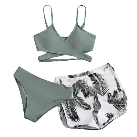 

Yousheng комплект из 3 предметов/комплект купальника с V-образным вырезом на бретелях, плавки средней посадки, однотонный комплект бикини с шортами с принтом перьев M армия зеленый