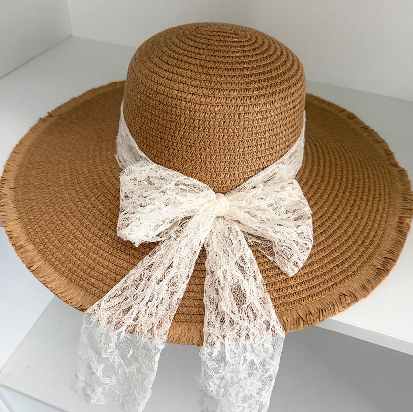 Big-Brimmed Straw Hat Women'S Summer Sunscreen Sun Hat Seaside Vacation Lace Bow Beach Hat Show Face