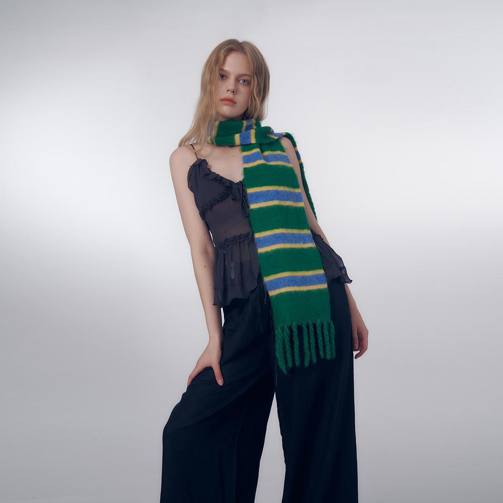 Niche Style Handmade Tassel Knitted Striped Wool Blend Scarf for Women Warm Wool Small Scarf