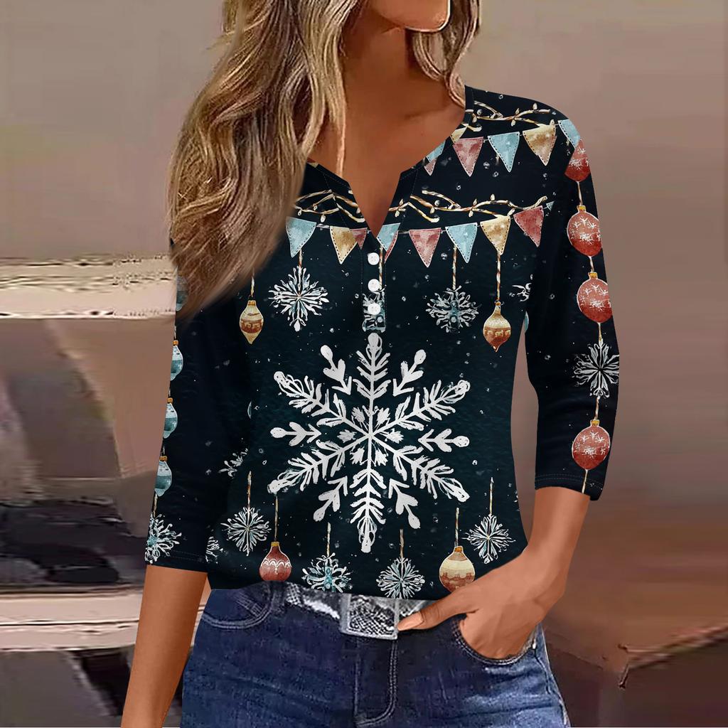 Women's Fashion Casual Christmas Tree Print V-Neck Decorative Button Three-Quarter Sleeve T-Shirt Top