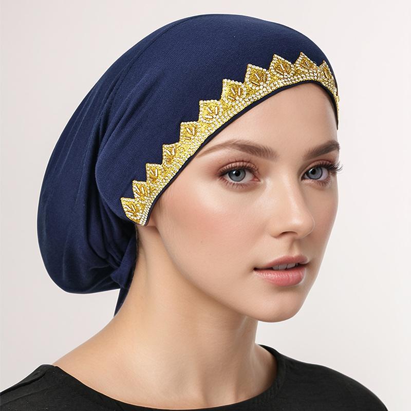 Shiny Golden Rhinestone Caps Women Elasticity Tie Back Caps Muslim Inner Hijabs Turban Leaf Stamping Diamond Undercap Jersey