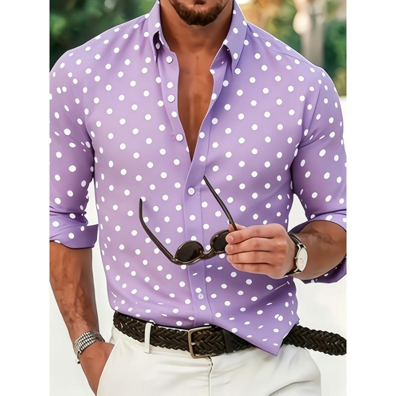 Men's Casual Long-Sleeved Shirt, Polka Dot, Button Closure, Elastic Fabric, Regular Fit, Suitable for Commuting/Street/Halloween/Christmas Gift Giving