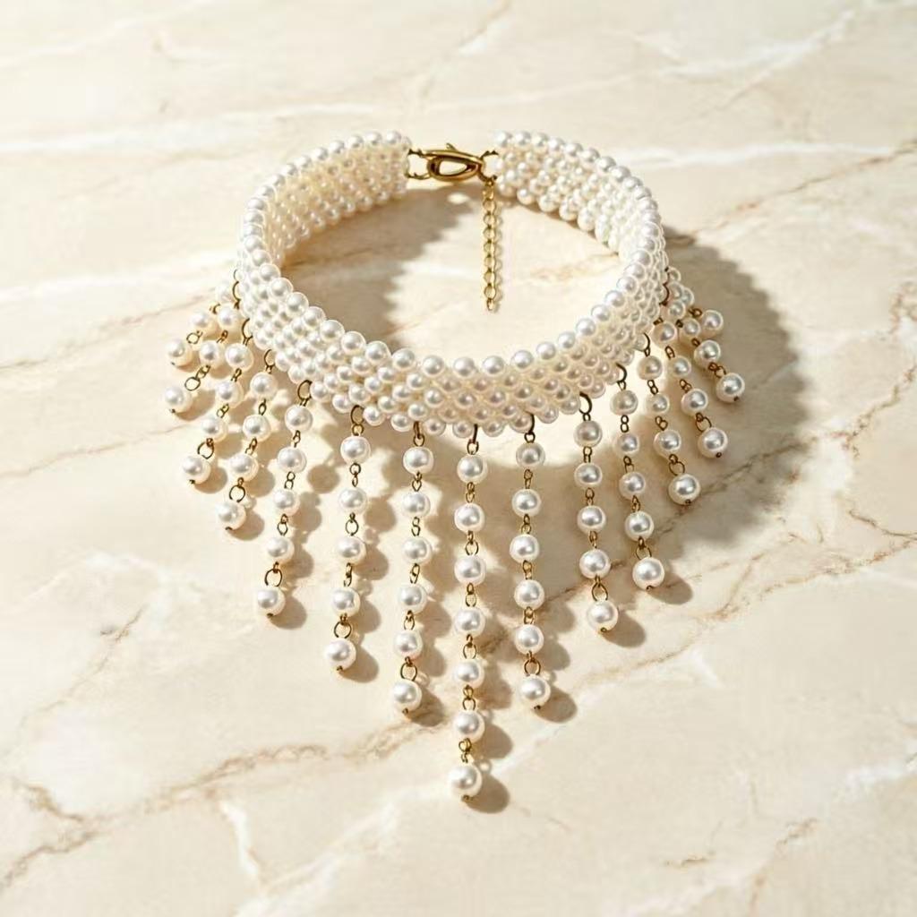 French Court Tassel Embroidered Pearl Choker Wedding Gown Necklace