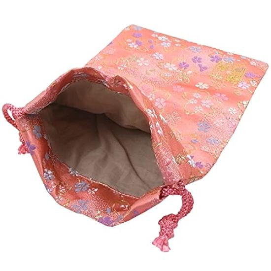 Senshishuin Nishijin Brocade Drawstring Bag (Lined) - Peach Gold Cherry Blossom Design, Medium Size