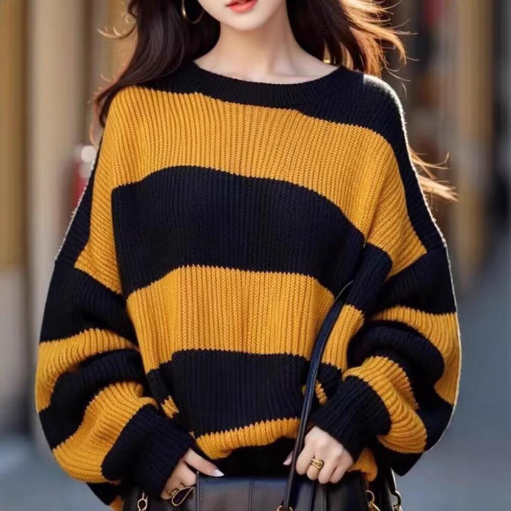 Color Blocking Striped Loose Sweater Women's Long Sleeved Pullover Knitted Sweater Top