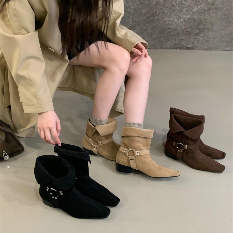 2025 autumn new French retro low heel square head two wear lapel western cowboy boots women's fashion belt buckle