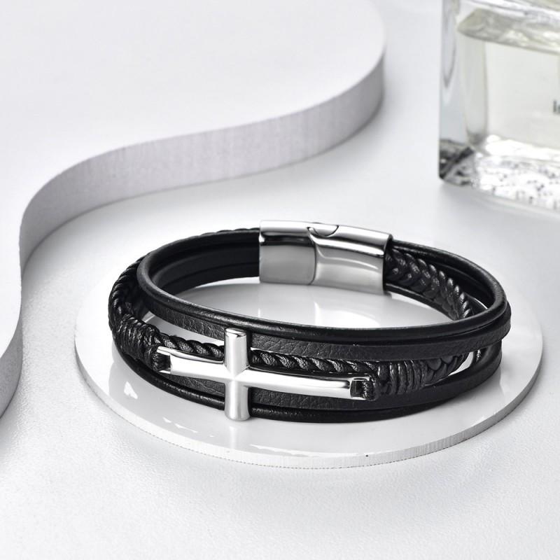 Stainless Steel Multi-Layer Handmade Braided Bracelet With Cross Charm Men Geometric Design Polished Finish