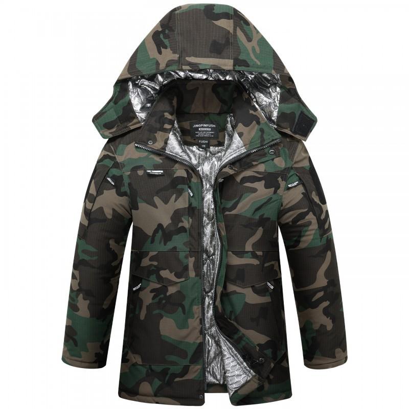 Men's Camouflage Medium Long Graphene Liner Waterproof Self-heating Cold-proof Cotton Coat Warm