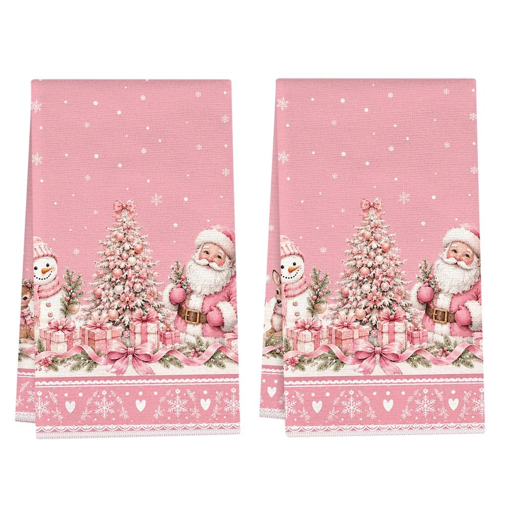 2pcs Set Kitchen Towels Pink Christmas Fairy Tale IllustrationHand Towels Christmas Decorations For Home Noel Dish Towels Gifts