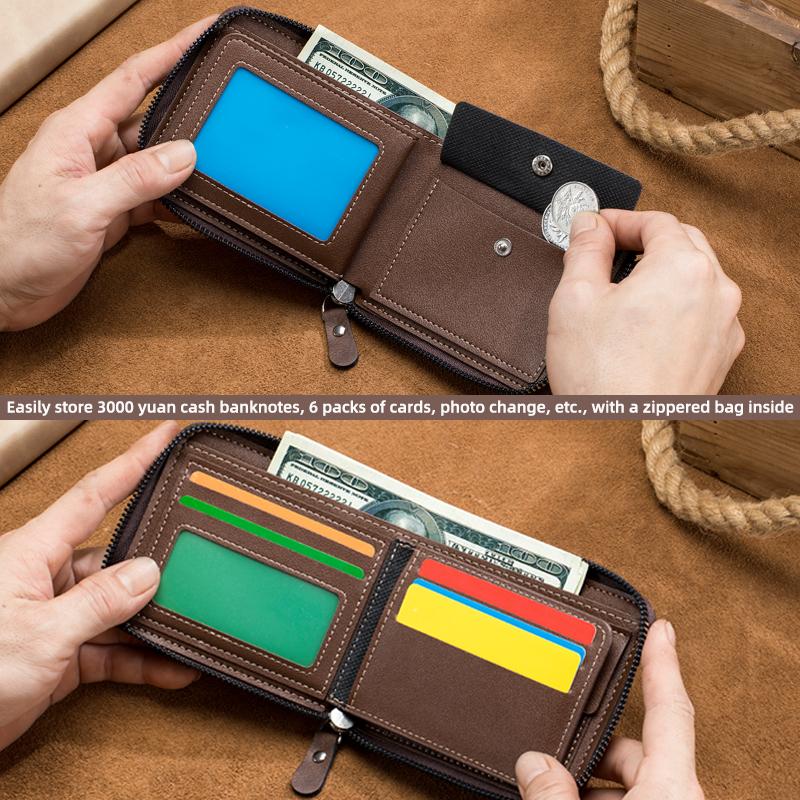 Men'S Wallet Short  New Vintage Casual Trifold Zipper Bag Youth Student Buckle Waist Chain Zero Wallet For Dad'S Birthday Gift