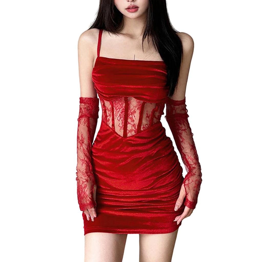 Damen Spitzenkleid Taille Ausschnitt Schlankmachender Sack Hüftrock