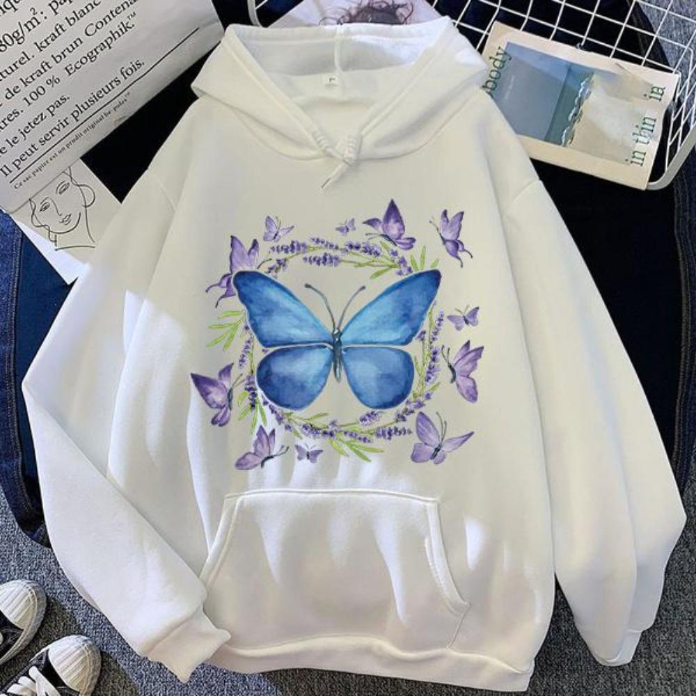 Fashion Butterfly Printed Hoodie Autumn Winter Casual Hooded Long Sleeve Pullover Sweatshirt