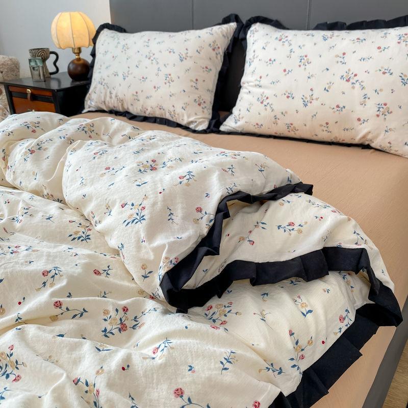 INS French Style Floral Simple Black Lace Double Layer Gauze Bedding Set Washed Cotton Bed Sheet Fitted Sheet Fresh Quilt Cover