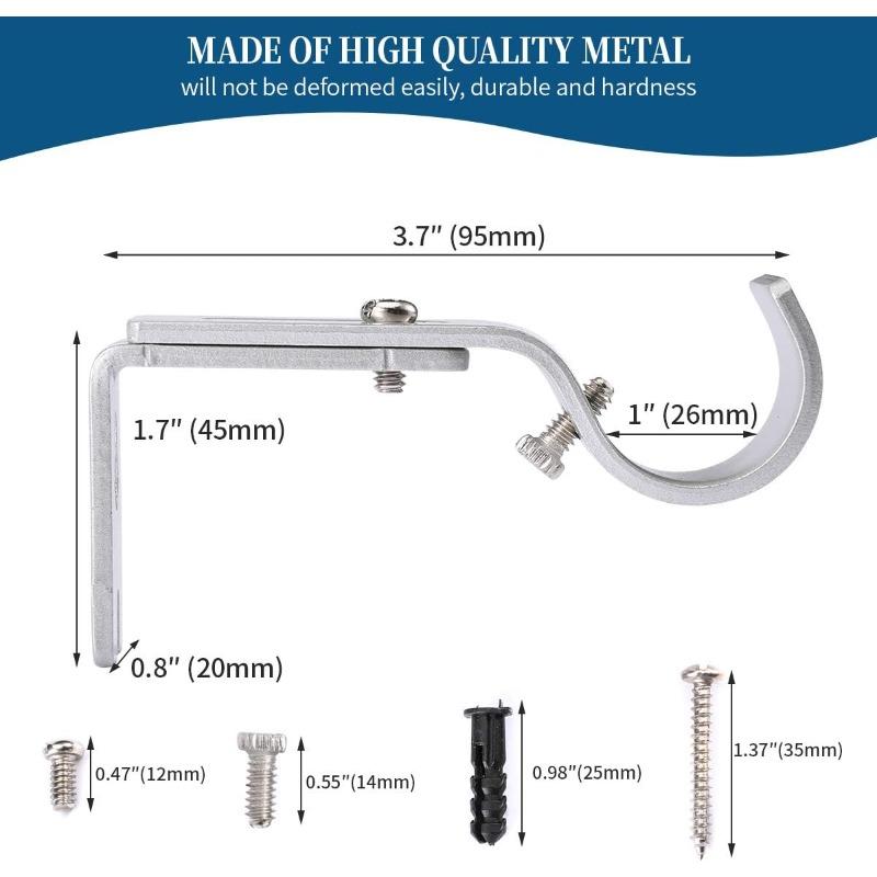 Heavy Duty Adjustable Curtain Rod Brackets Rod Holders for 1 Inch Rod, Silver Color, (Set of 2)
