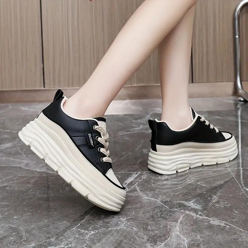Women's Solid Color Sneakers, Casual Lace Up Outdoor Shoes, Comfortable Inner Heightening Shoes