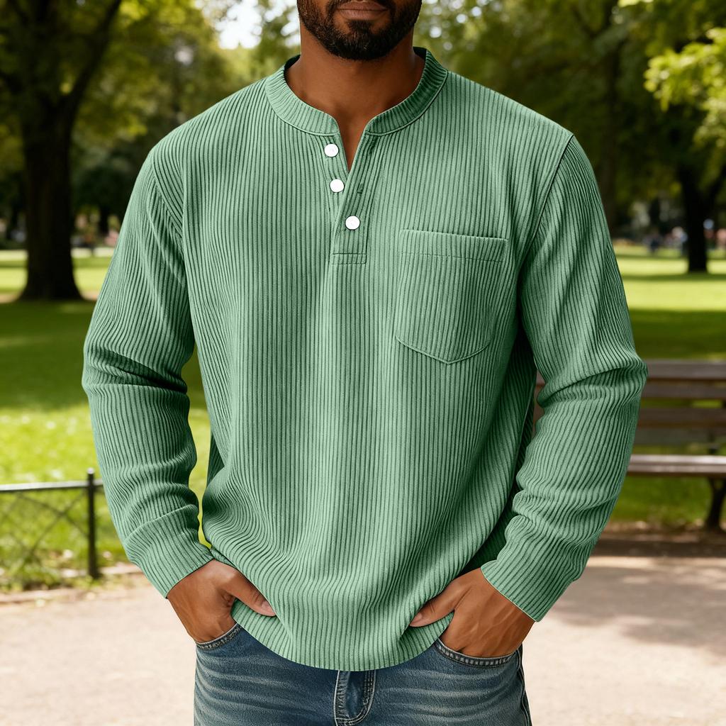 Men's Solid Color Corduroy Three-button Collar Men's Long-sleeved Shirt