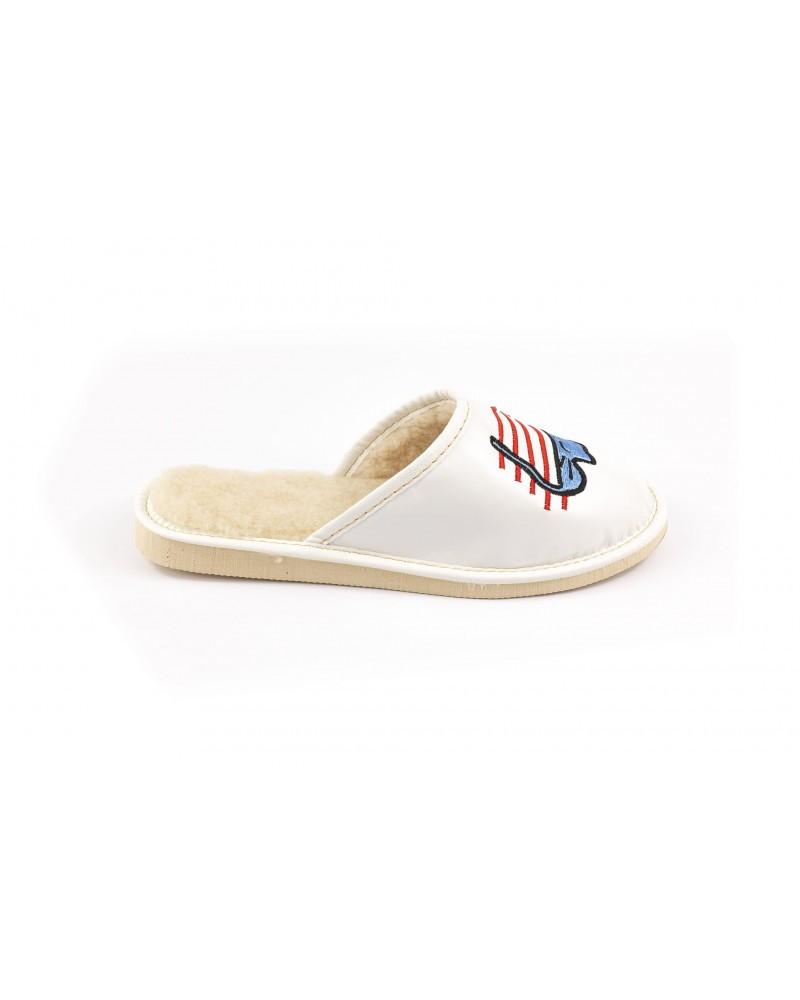 White Women's Slippers with Fur Decorated with a Sleeping Cat 40