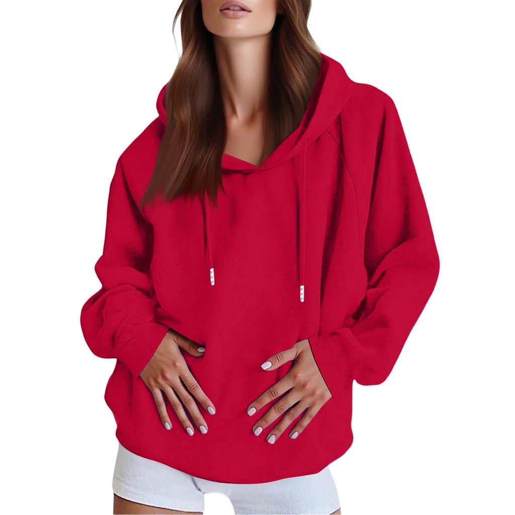 Sudadera con Capucha Oversized de Mujer a la Moda Casual de Color Sólido con Hombro Caído y Manga Larga con Cordón