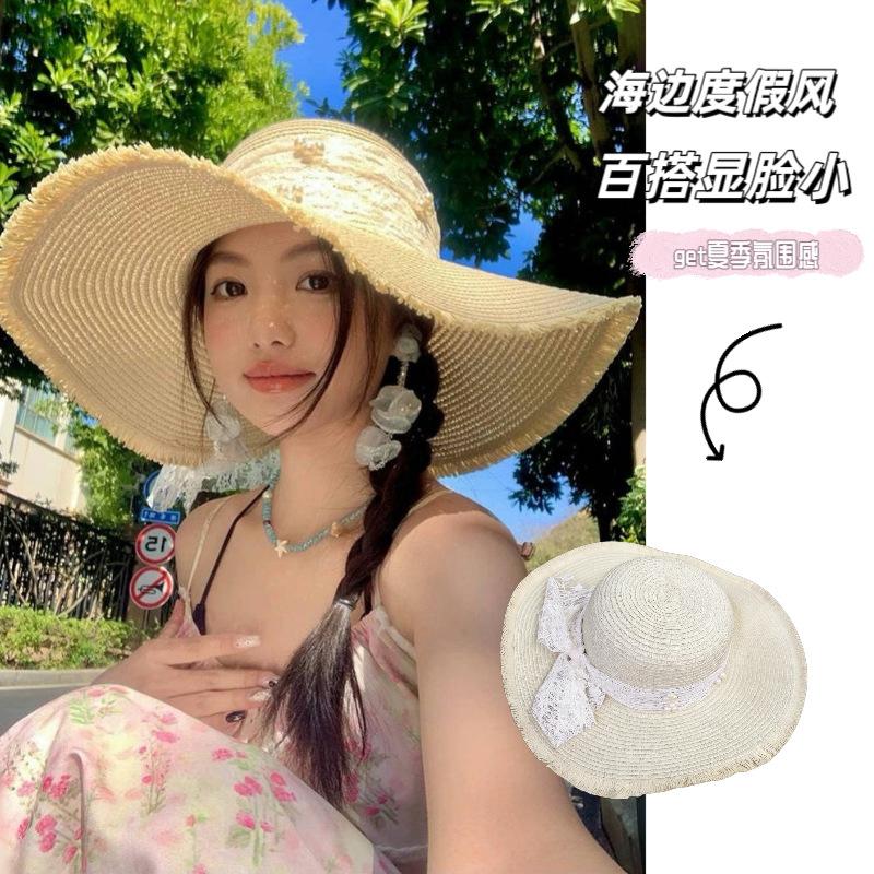 Lace straw hat women's summer bow large brim sunshade sun hat seaside vacation beach sun hat