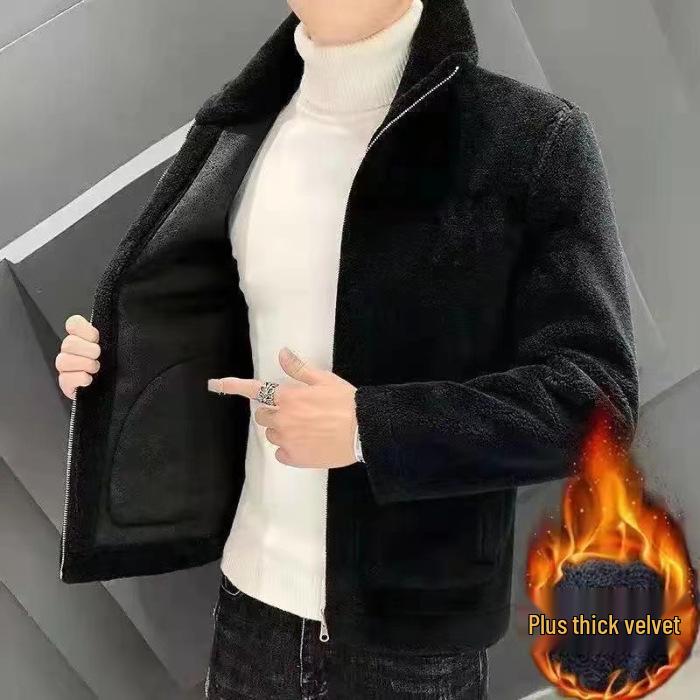 Men s 2025 Autumn/Winter Lambswool Stand Collar Jacket - Trendy, Plus Velvet, Thickened Cotton M чёрный