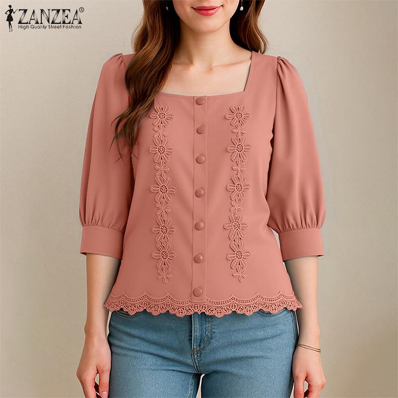 ZANZEA Women Square Neck Casual Flower Splice Summer 3/4 Sleeve Blouse