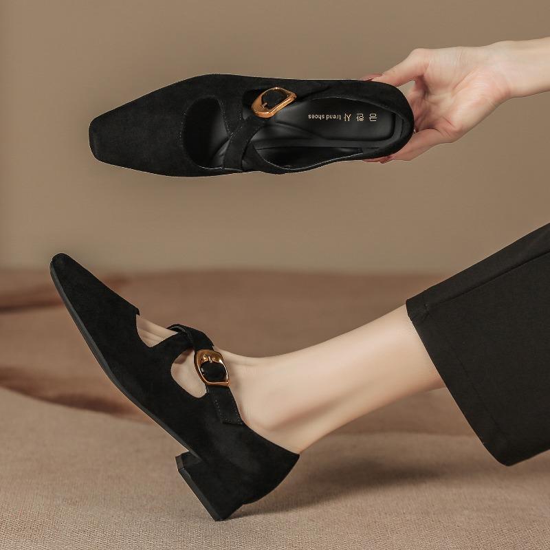 High Sense Low Heel Shoes Light ** Fork Belt Women's Fashion Suede Leopard Print Single Shoes, Square Head Thick Heel Mary Jane Shoes