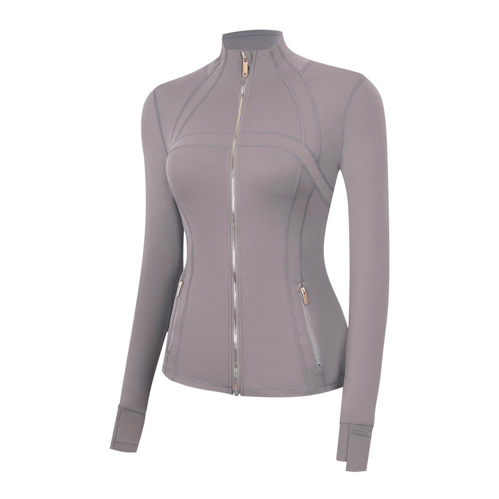 In Stock: LU Women's Slim Fit Yoga Jacket with Gold Zipper - Stand Collar Running Top