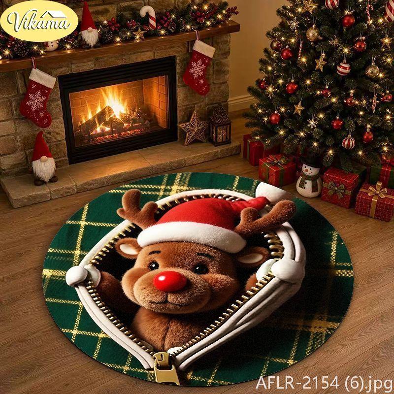 Christmas Round Rug, 3D Zipper Reindeer Pattern Soft Non-Slip Living Room Carpet, Festive Xmas Home Decor, Holiday Gift
