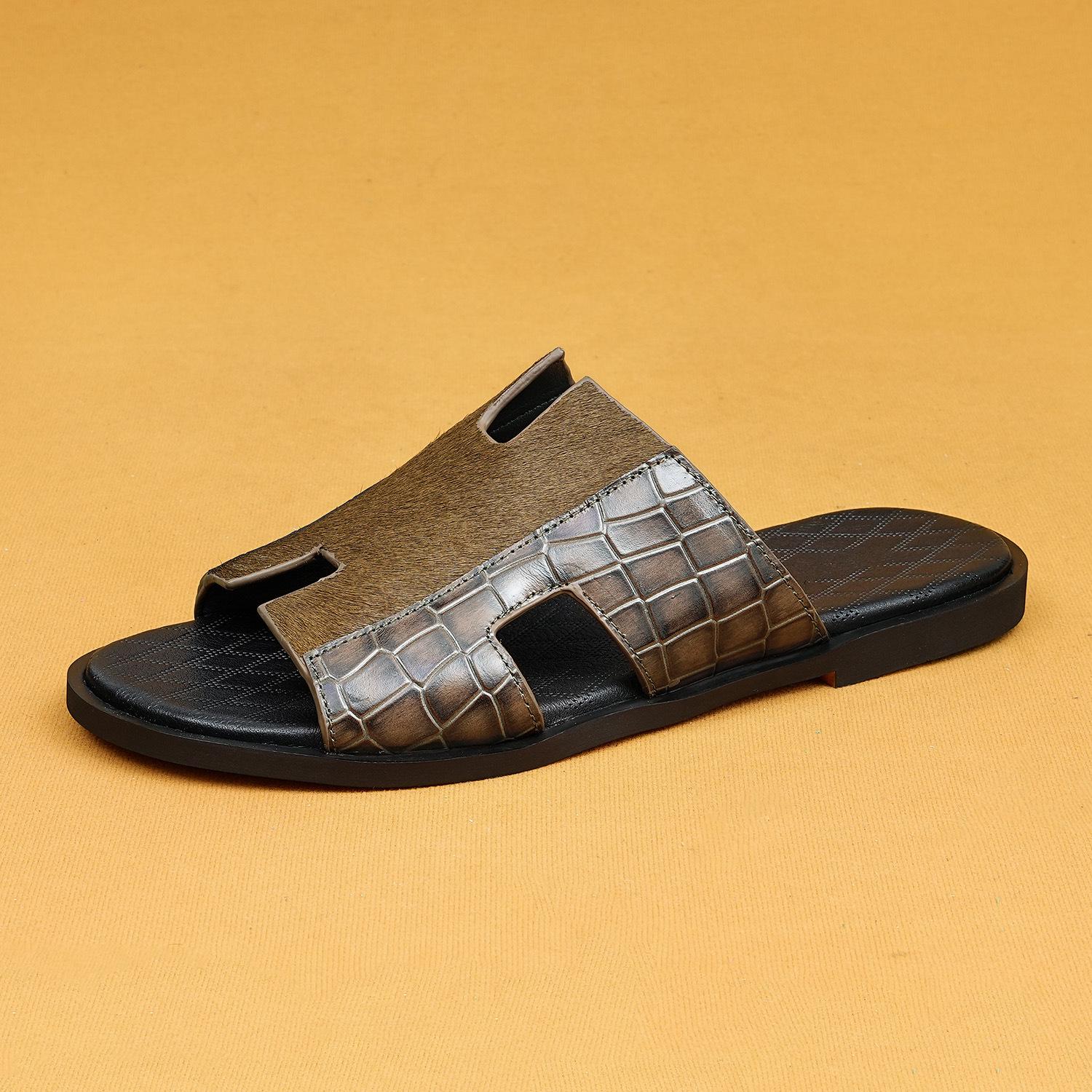 Men`s 2026 Crocodile Pattern Horsehair Sandals:
