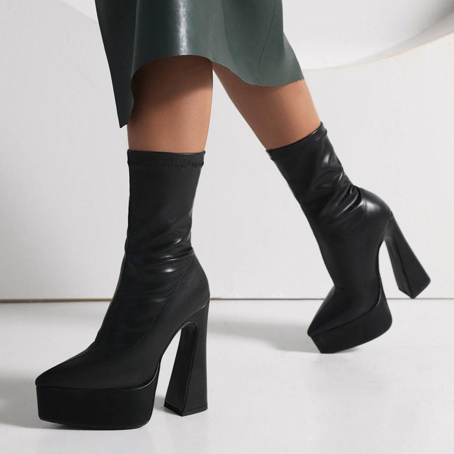 Women Thigh High Platform Boots Ankle Chunky Heels Black Stretch PU Pointed Toe Sexy Party Club Lady Slip-on Over the Knee Boots 34 5563₽